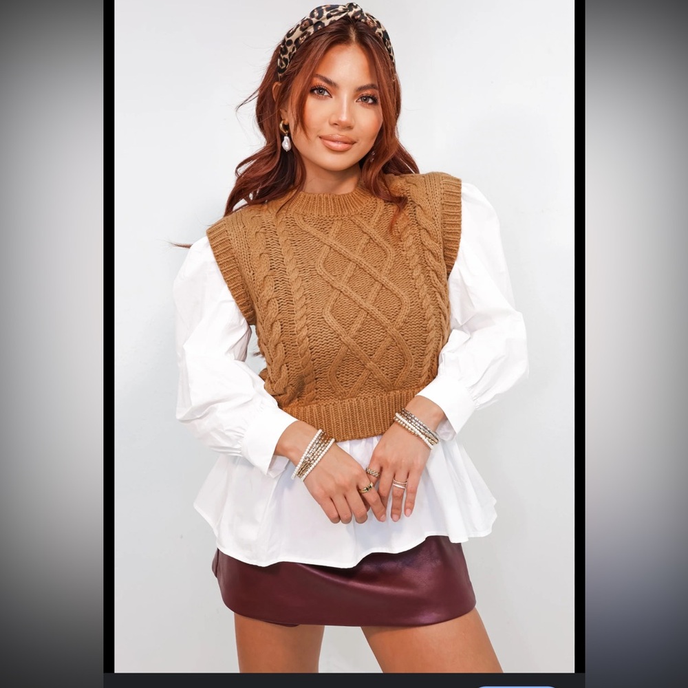 Elan Brown Cable Knit Sweater Vest with White Blouse